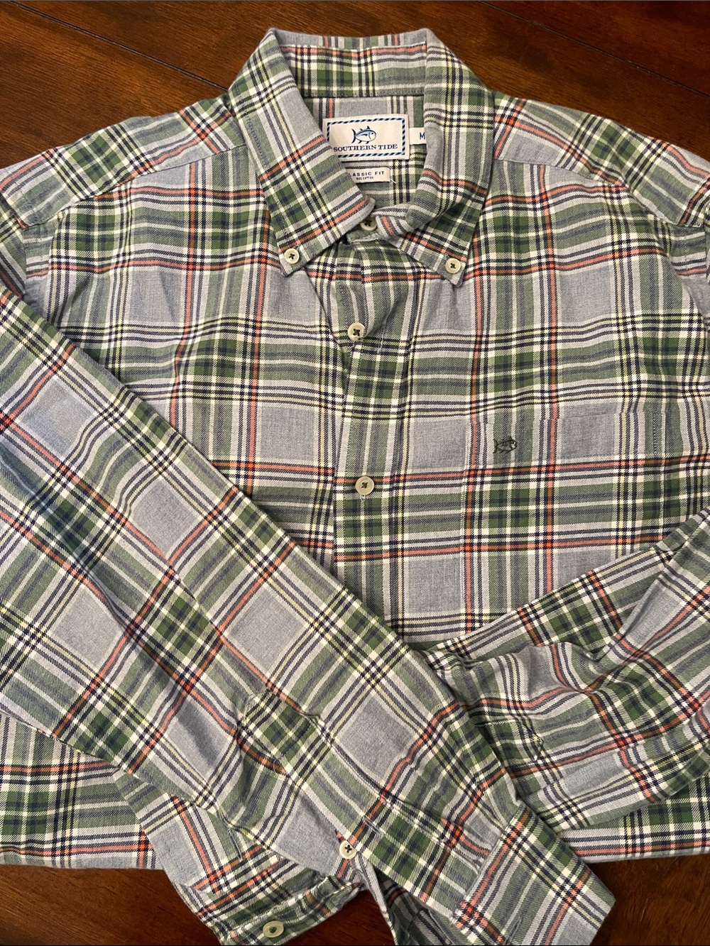Southern Tide Plaid Button-Down Shirt in Green and White with Coral Accents